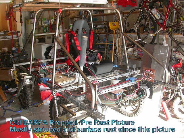 Robotic vehicle under construction in the garage for the DARPA Grand Challenge
