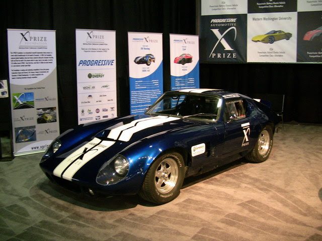The X Prize electric coupe on the main floor of the Detroit Auto Show