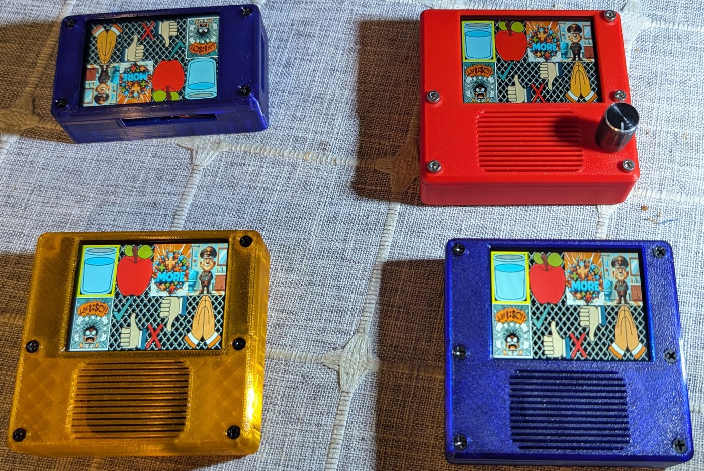 The T-Rex Talker family — finished builds, four colorways