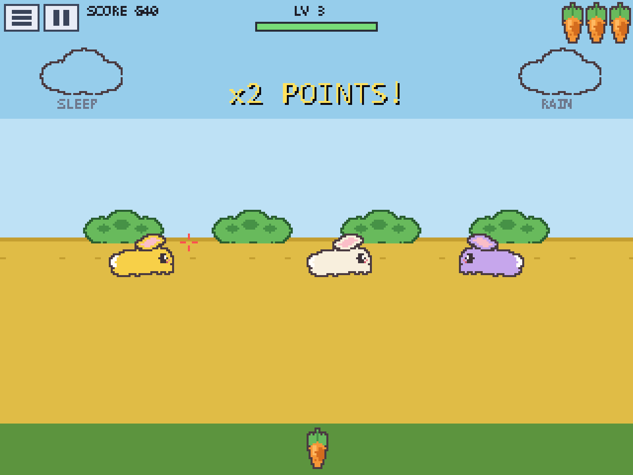 Bunnies on the field, carrots flying