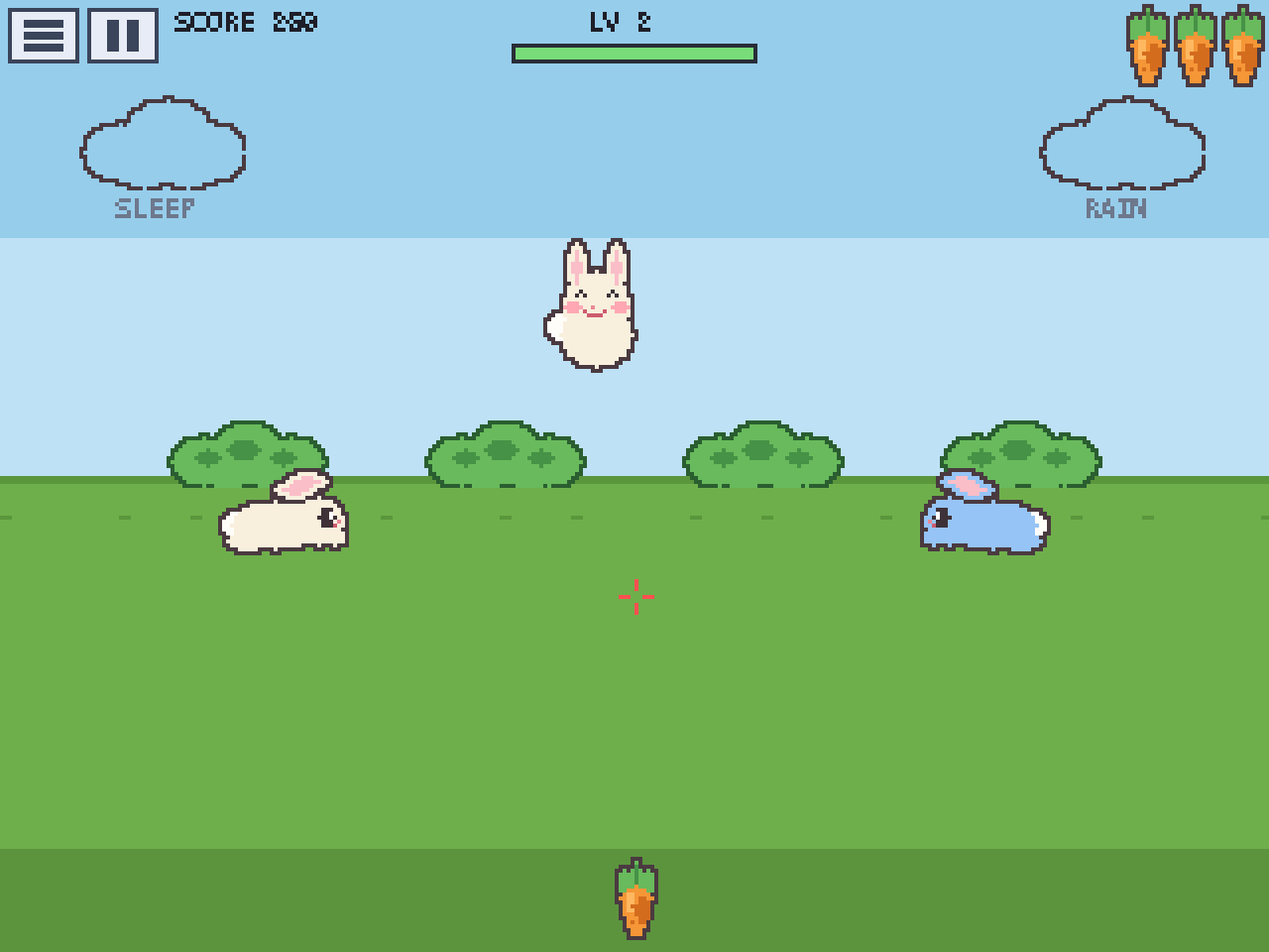 A fed bunny floating up smiling