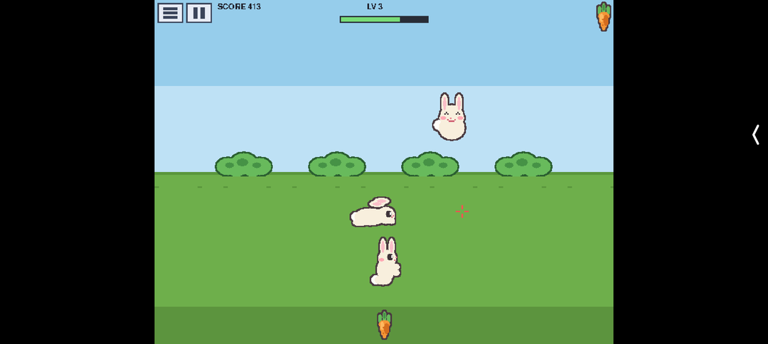 Bunny Feeding Frenzy gameplay — SCORE 413 LV 3, a fed bunny floating up and two bunnies on the ground