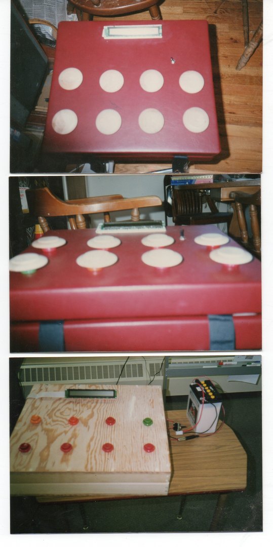 V0 90s-era collage — red enclosures with white circular buttons