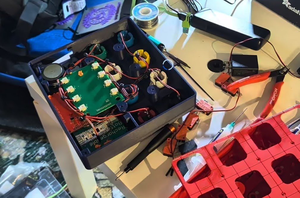 Grumpy Old Man assembly detail — NeoPixel PCB, vibration mounts