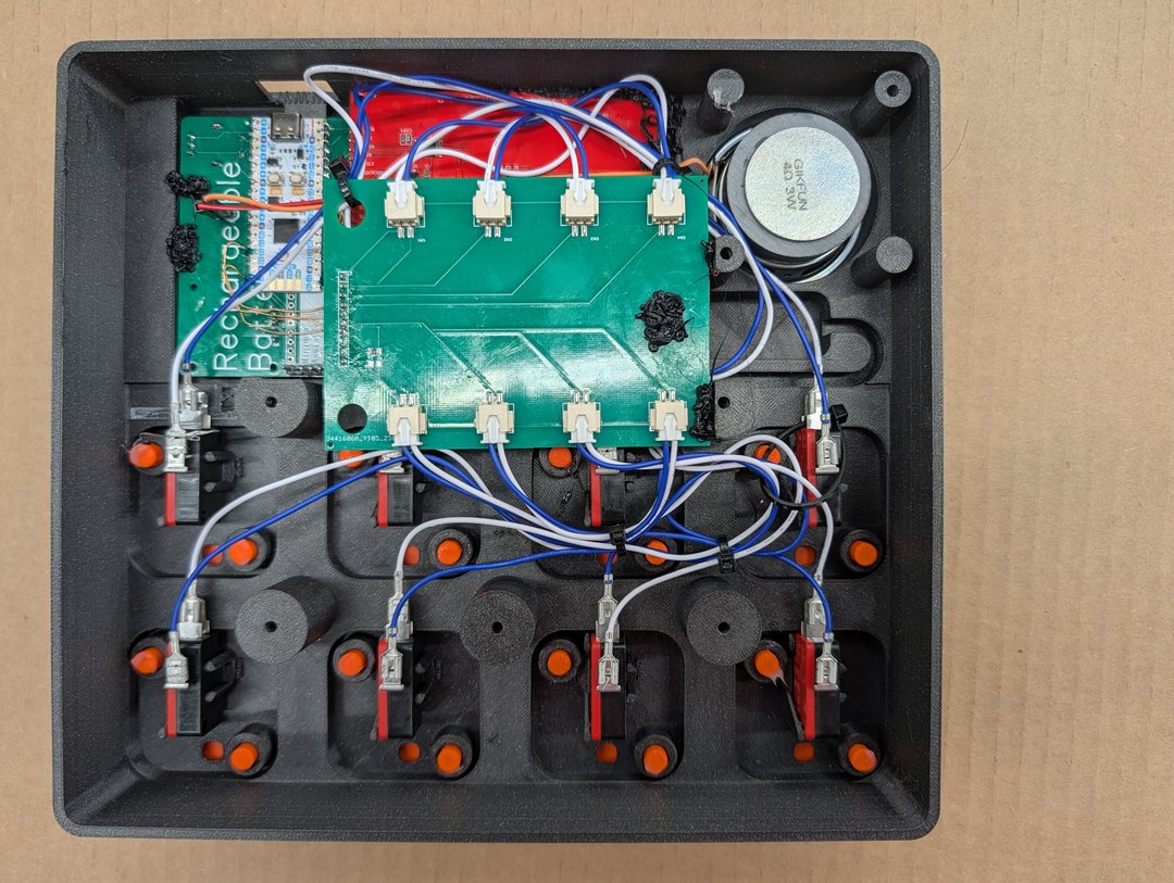 Grumpy Old Man internals — arcade buttons + speaker + battery