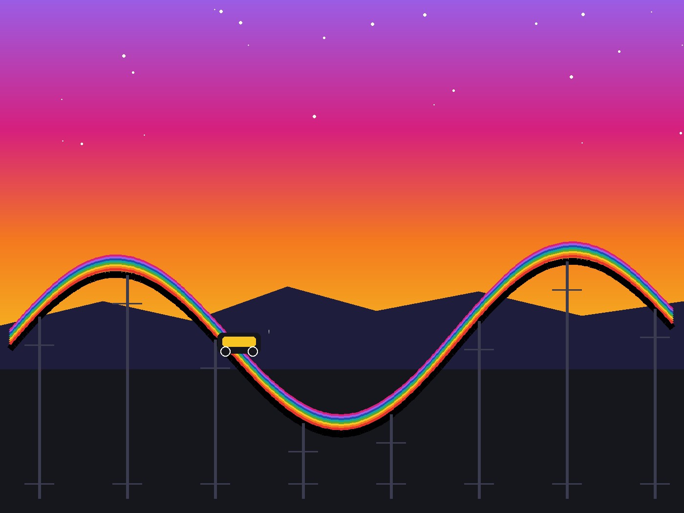 Illustration of a rainbow rollercoaster track cresting under a sunset sky
