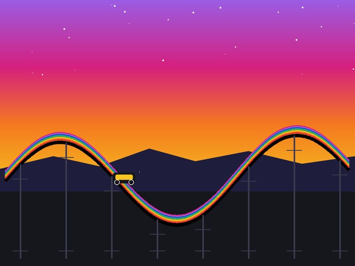 Illustration of a rainbow rollercoaster track cresting under a sunset sky — the ride of life since Open Sauce